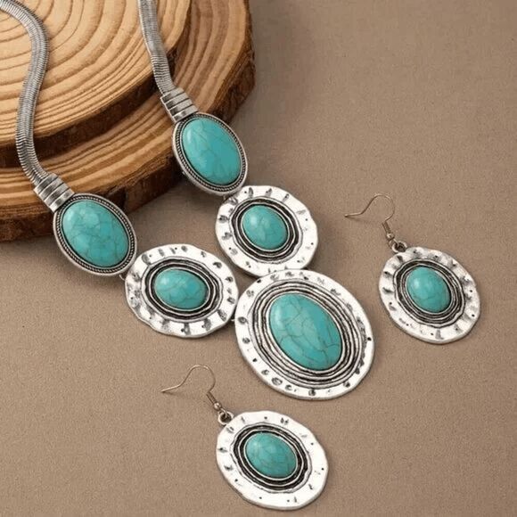 Western Boho Turquoise Silver Necklace and Earring Set - Picture 4 of 11